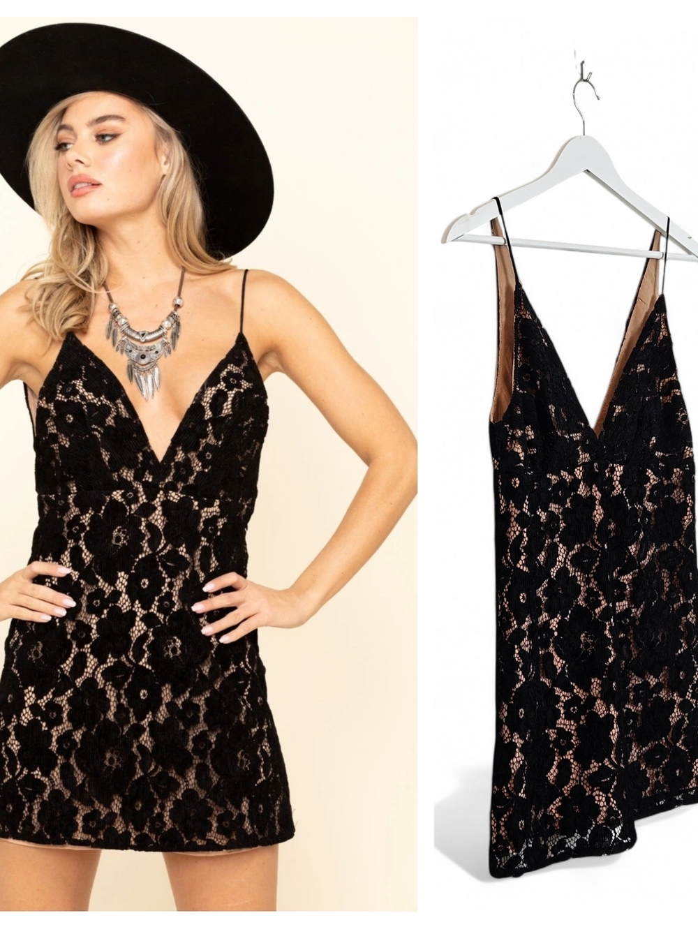Free People Dangerous Love Lace Mini Dress Black Nude Lined Size 2